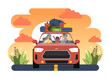 © 100% HAND-CRAFTED - Family travel at car concept. Father and mother with kid at trip and journey. Tourists witg baggage and luggage. People at automobile, man and woman with son. Cartoon flat vector illustration