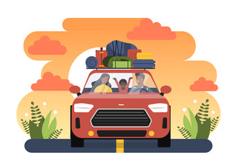 Family travel at car concept. Father and mother with kid at trip and journey. Tourists witg baggage and luggage. People at automobile, man and woman with son. Cartoon flat vector illustration