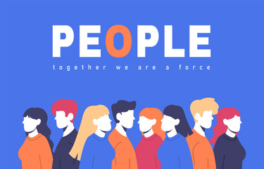 Group of people concept. Silhouettes of men and women with text together we force. Crowd of young guys and girls. Diversity and society. Poster or banner. Cartoon flat vector illustration