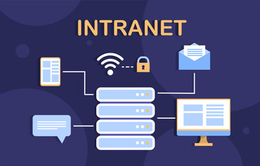 Poster - intranet equipment concept. servers with computer monitor. internet and wireless connection. wifi an