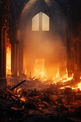 man in medieval viking landscape, sunset fire, ruins