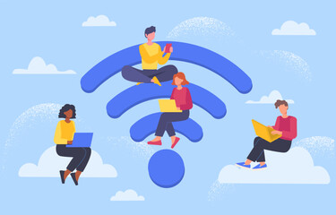 Poster - people in wifi zone concept. men and women with gadgets and devices. wireless connection and interne