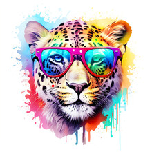 Cartoon Colorful Leopard With Sunglasses On White Background.