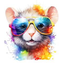  Cartoon colorful rat or mouse with sunglasses on white background.