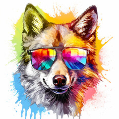 Wall Mural - cartoon colorful wolf with sunglasses on white background.