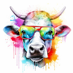 Wall Mural - cartoon colorful cow with sunglasses on white background.