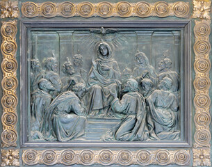 Wall Mural - NAPLES, ITALY - APRIL 22, 2023: The bronze relief of Pentecost on the gate of church Basilica dell Incoronata Madre del Buon Consiglio from 20. cent.
