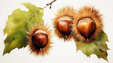 watercolor drawings set of chestnuts and leaf isolated on a white background