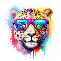 Wall Mural - cartoon colorful leopard with sunglasses on white background.