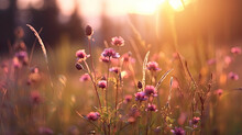 Wild Flowers In A Meadow At Sunset. Macro Image, Shallow Depth Of Field. Abstract Summer Nature Background