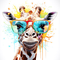 Wall Mural - cartoon colorful giraffe with sunglasses on white background.