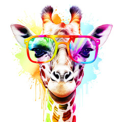 Wall Mural - cartoon colorful giraffe with sunglasses on white background.