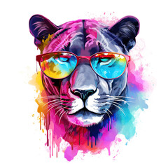 Wall Mural - cartoon colorful panther with sunglasses on white background.