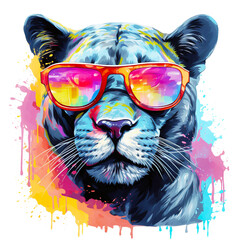 Wall Mural - cartoon colorful panther with sunglasses on white background.