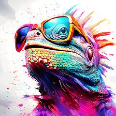 Wall Mural - cartoon colorful lizard with sunglasses on white background.