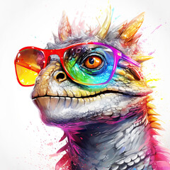 Wall Mural - cartoon colorful dragon with sunglasses on white background.