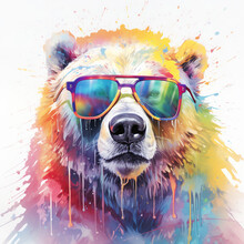 Cartoon Colorful Polar Bear With Sunglasses On White Background.