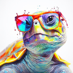 Wall Mural - cartoon colorful turtle with sunglasses on white background.