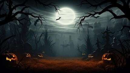 Halloween celebration background with pumpkin monster, light, and other decorations.