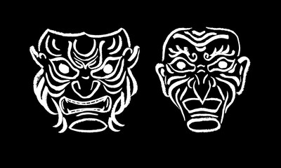 Wall Mural - Set of two vector samurai masks.Calligraphic brush, drawing, sketch, illustration. Japanese culture, tradition, stylization. White on black. Eps10