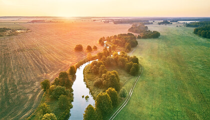 Wall Mural - Aerial summer sunrise view. Rural landscape, river meandering in forest green trees. Morning Misty Scene. Serene atmosphere fog panorama. Agriculture fields, wood on riverbank.