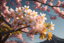Cherry Blossom Sakura Flower On Blue Sky Background, Ai Generative