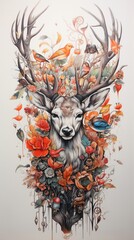 Poster - deer with flower illustration design