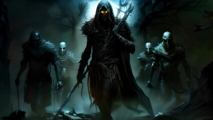 Wall Mural - A legion of ghosts march forward their cold eyes glowing in the dark. Fantasy art. AI generation.