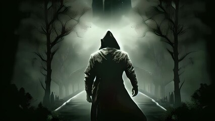 Wall Mural - An ominous silhouette of a cloaked figure appears in the dark night. Fantasy art. AI generation.