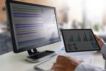 Poster - Businessmen work hard. Using analytics, Data analytics, statistics, information, Business Technology Intelligence (BI), and business strategy for finance statistic analysis