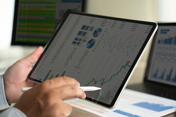 Poster - businessmen work hard. using analytics, data analytics, statistics, information, business technology