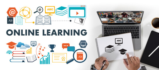 Poster - Learning Global Online learning student watching lesson online using laptop education learning online communication technology video call conference connection WEBINAR e-learning
