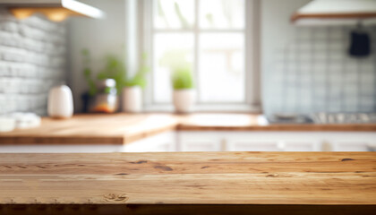 Kitchen wooden table on blur window background