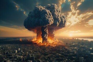 Wall Mural - Nuclear explosion in a city. Buildings collapsing from the blast | Generative AI