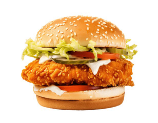 Fried chicken burger isolated on transparent background. PNG file, cut out