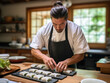Master of Sushi: Portrait of a Japanese Sushi Chef in a Stylish Rustic Kitchen.	