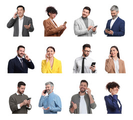 Sticker - Collage with photos of people using mobile phones on white background