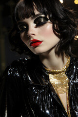 Sticker - Fashionable young woman wearing chic black gold clothes. Perfect make up