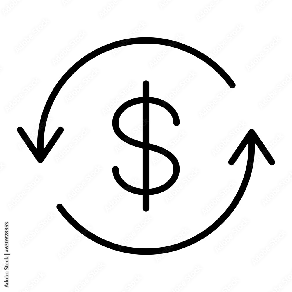 Black round money back refund investment line icon, financial repeat ...