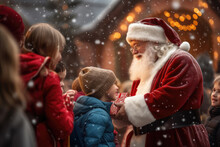 Friendly And Smiling Santa Claus Handing Out Gifts To Children On Christmas Night.