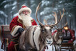 Friendly and smiling Santa Claus in his sleigh guided by enchanted reindeer on Christmas Day.