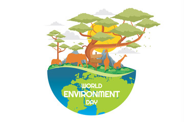 Wall Mural - world environment day illustration. illustration of safari park with mountain view and wild animals