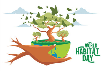 Wall Mural - world habitat day. vector illustration of butterfly flying on green trees