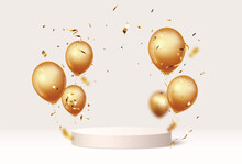 Empty Celebration Podium Background With Gold Confetti And Balloons