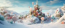 Christmas Decorated House In Fantasy World With Candy Cane And Giant Lollipops, Generative AI