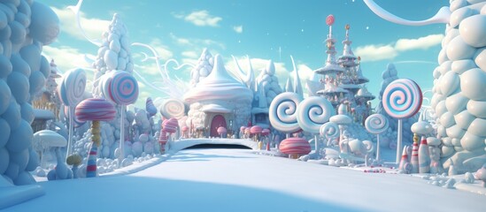 Wall Mural - Christmas decorated house in fantasy world with candy cane and giant lollipops, Generative AI