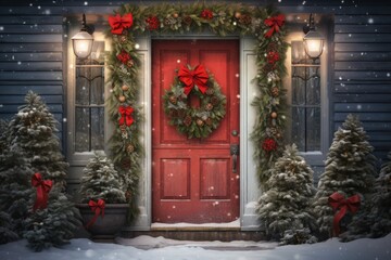 Red wooden door decorated with wreath and Christmas decorations, Home entrance with christmas decoration, Generative AI