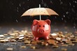 Piggy bank covered by umbrella, financial security concept, Generative AI