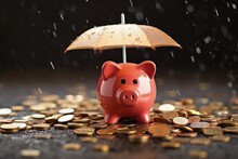Piggy Bank Covered By Umbrella, Financial Security Concept, Generative AI