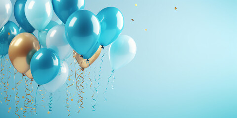 birthday party balloons with confetti on light blue background - Generative AI